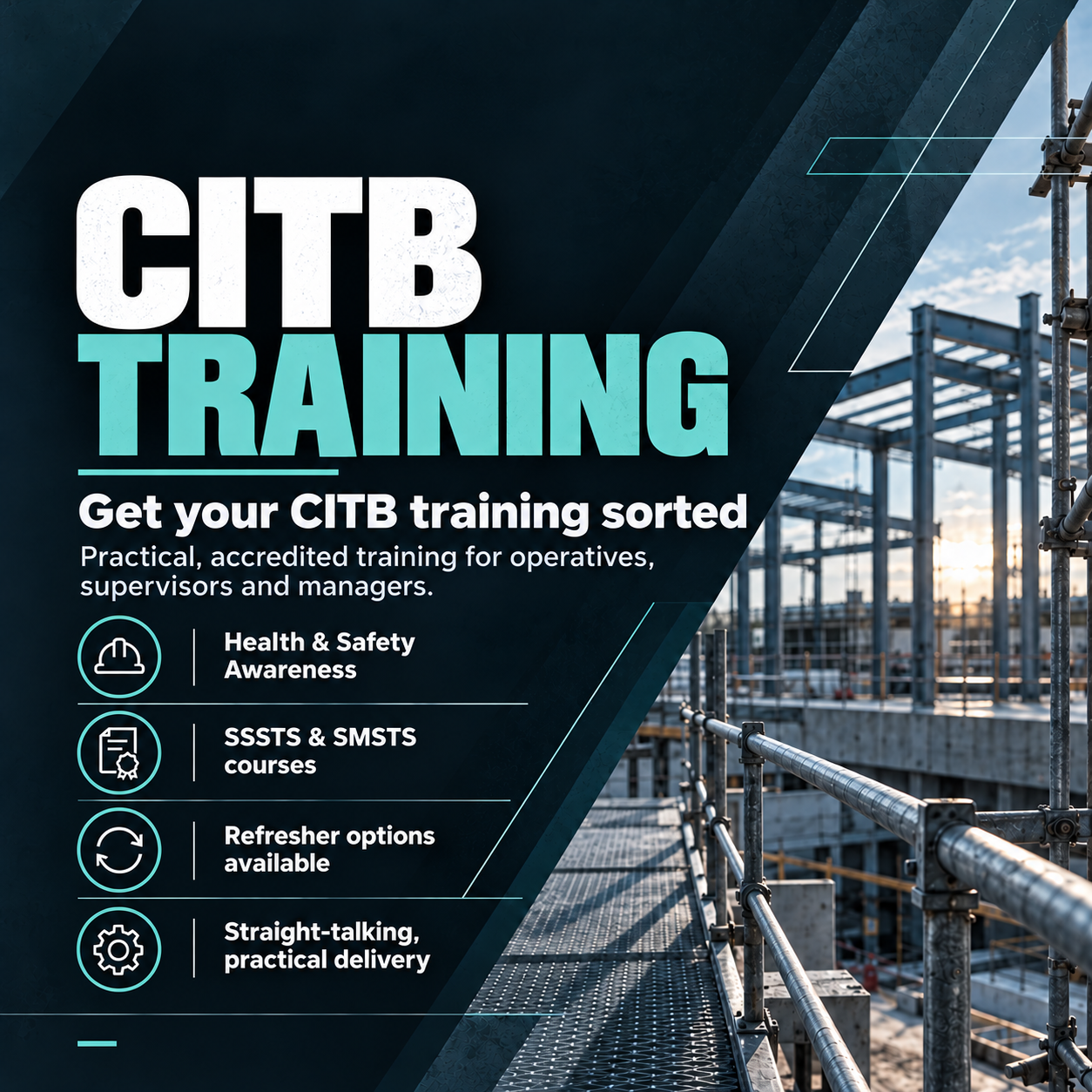 CITB training banner for Safe Start showing a construction site scene and practical health and safety training for site workers, supervisors and managers.