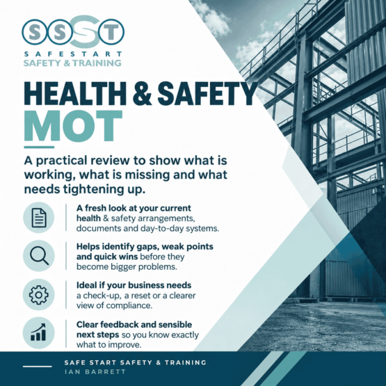 Safe Start Health & Safety MOT service, reviewing workplace safety arrangements, identifying compliance gaps and recommending practical improvements.